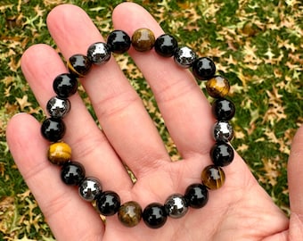 Pulseira de proteção, obsidiana preta, olho de tigre, pulseira de hematita, pulseira de cristal, pulseira de contas