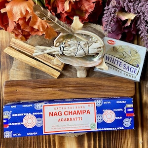 Beginner Smudge Set, Shell, Tripod, Feather, Sage Bundle, Palo Santo, Incense, Incense Burner, Incense Cones