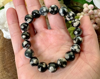 Orca Agate Bracelet, Crystal Bracelet, Bead Bracelet 10mm, Black and White Agate Bead Bracelet