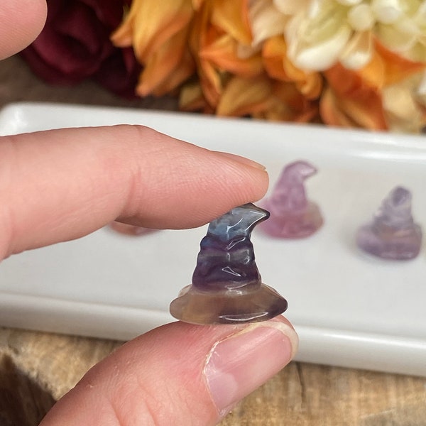 Mini Fluorite Witch Hat, crv366, Crystal Witch Hat, Tiny Rainbow Fluorite Wizard Hat, Halloween Crystal