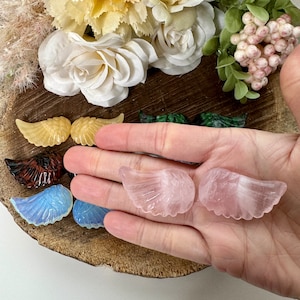 May include: A set of two pink crystal angel wings. The wings are carved from rose quartz and have a delicate, feminine look.
