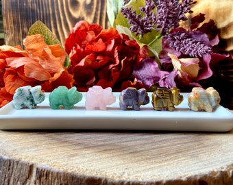 May include: A set of six small carved pig figurines made from different types of gemstones. The pigs are arranged in a row on a white plate. The pigs are made from green aventurine, pink rose quartz, amethyst, tiger's eye, and a light brown stone.