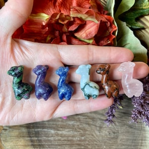 May include: Six small carved llama figurines made of different types of stone. The llamas are in a row from left to right: green, purple, blue, white, brown, and pink.