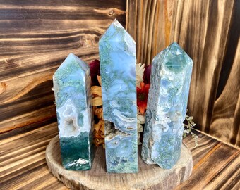 Large Moss Agate Tower, twr394, Druzy Moss Agate Point, Green Moss Agate Tower