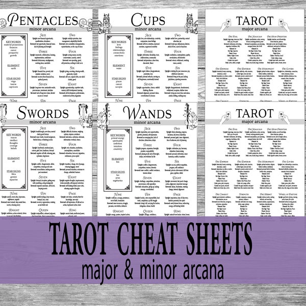 Tarot Cheat Sheets, Printable Tarot Major & Minor Arcana, Digital Grimoire Pages, Learn Tarot, Beginners Tarot, Tarot Card Meanings PDF