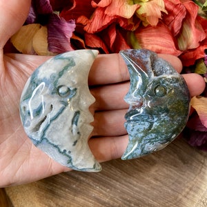 Moss Achat Moon Face, crv218, Druzy Moss Achat Moon Carving, Crystal Moon