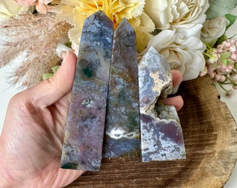 Moss Agate Tower, Crystal Tower, Druzy Moss Agate Point, twr229