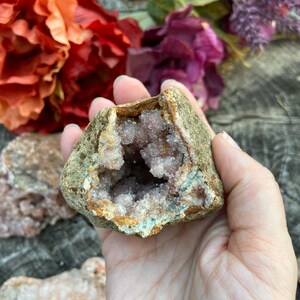 May include: A geode with a rough exterior and a hollow interior filled with light purple crystals.