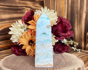 Caribbean Calcite Tower, twr194, Caribbean Calcite Obelisk, Crystal Tower, Polished Crystal Point