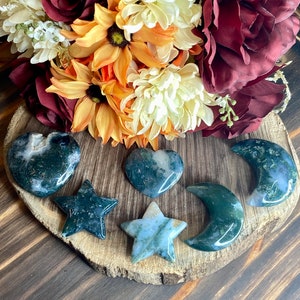 Moss Agate Moon, shp134, Moss Agate Star, Moss Agate Heart