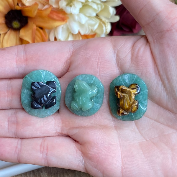 Mini Crystal Frog on Lily Pan, crv247, Tiger's Eye Frog, Dalmatian Jasper Frog, Quartz Frog