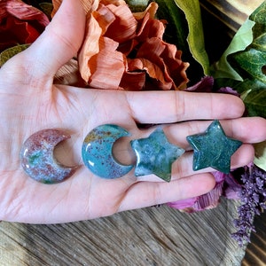 Ocean Jasper Moon, shp199, Ocean Jasper Star, Moss Agate Star, OJ Crescent Moon Carving, Crystal Star Carving