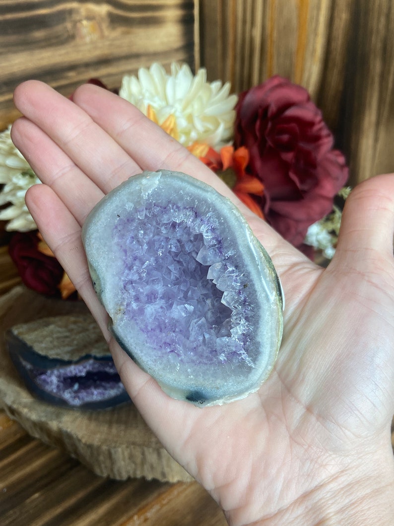 May include: A purple amethyst geode with a natural crystal formation. The geode is partially open, revealing the purple crystals inside. The geode is a light grey colour on the outside.