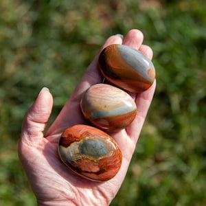 May include: Three smooth, polished stones with a variety of brown, red, and grey patterns. The stones are oval shaped and have a natural, earthy look.
