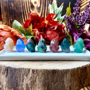 May include: Seven polished gemstone sculptures in a range of colours, including clear, blue, green, and red. The gemstones are displayed on a white rectangular tray, set against a backdrop of dried flowers and a wooden surface.