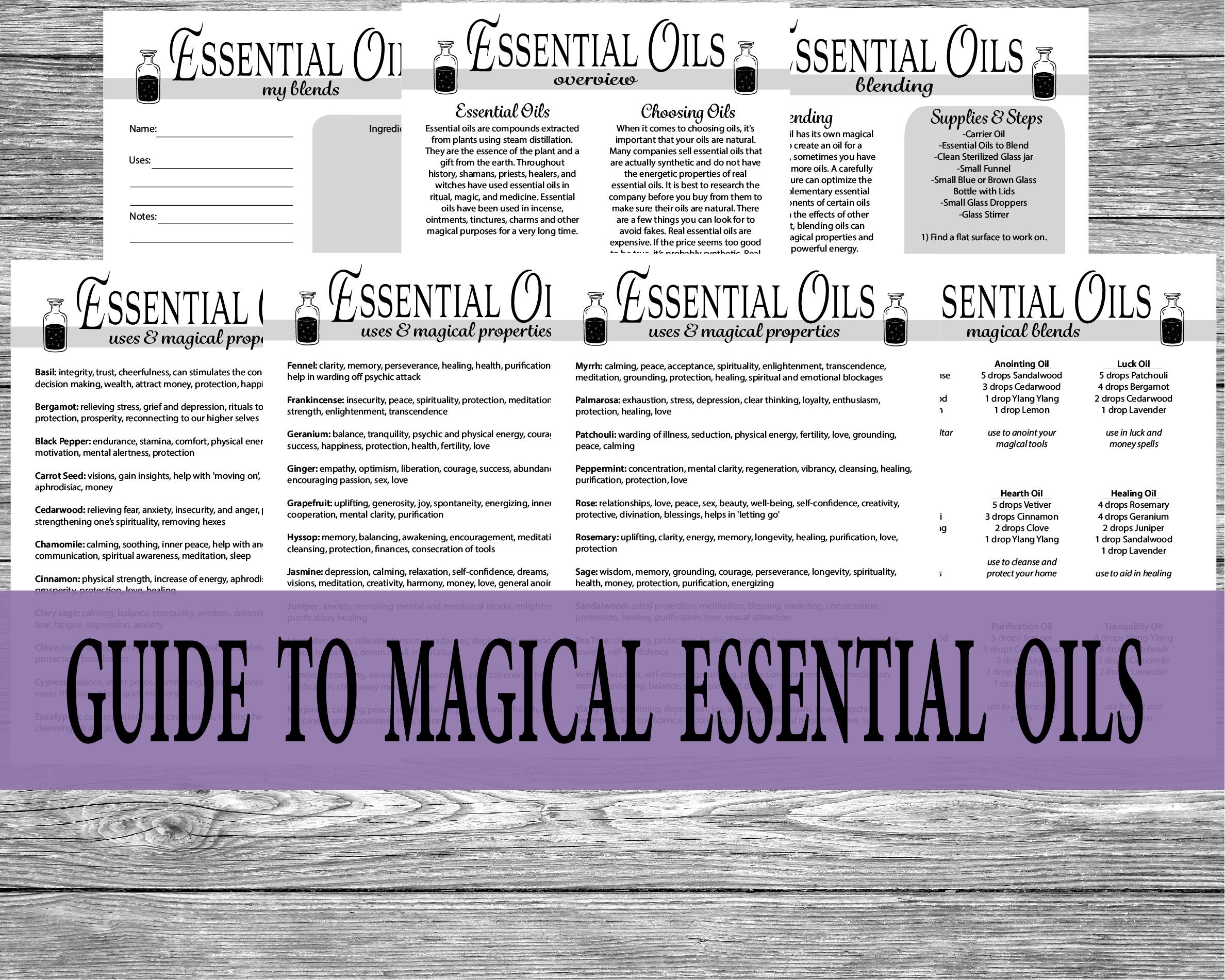 Essential Oils Guide Pack, Magical Essential Oils Cheat Sheets, Witch…