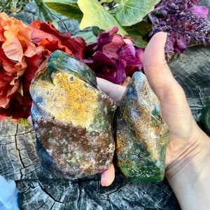 May include: Two polished stones in shades of green, brown, and gold with a mottled pattern. The stones are on a dark brown wooden surface.