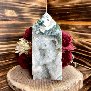 Large Moss Agate Tower, twr348, Druzy Moss Agate Point