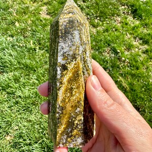 May include: A green and gold crystal point with a unique speckled pattern. The crystal is polished and has a smooth, glassy finish.