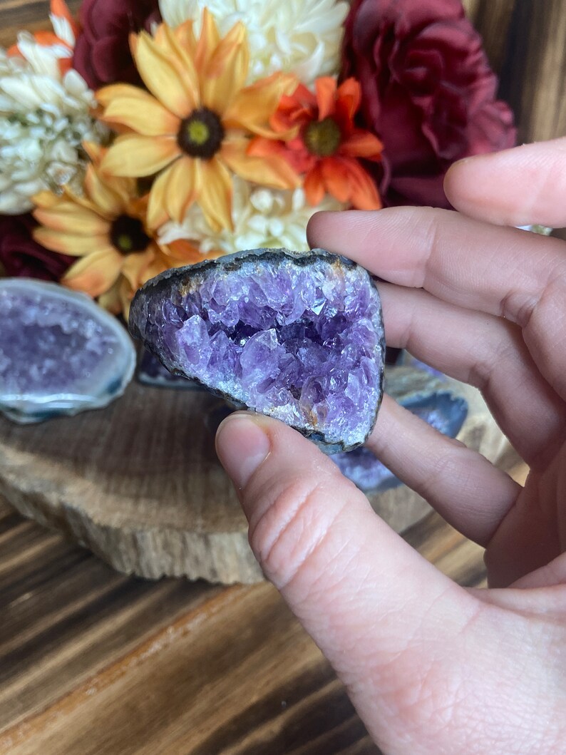 May include: A purple amethyst crystal geode with a natural opening revealing the inner crystal formations. The geode is held in a hand against a background of colourful flowers.