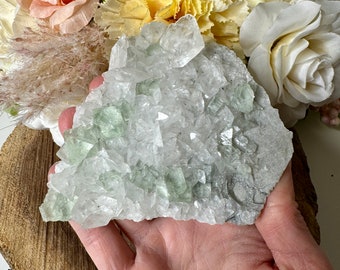 Può includere: Un gruppo di cristalli trasparenti e verde pallido, tenuti in mano, con una superficie ruvida e strutturata. I cristalli sono posti su uno sfondo di fiori dai colori tenui, tra cui rose e garofani, su una fetta di legno.