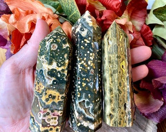 Puede incluir: Tres puntas de jaspe piel de leopardo verde, marrón y amarillo. Las puntas están pulidas y tienen un aspecto natural y orgánico.