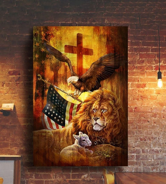 Jesus With Eagle Lion And Lamp God Blesses Our America Canvas Etsy