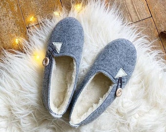 Button Grey Handmade Wool Felt Slippers