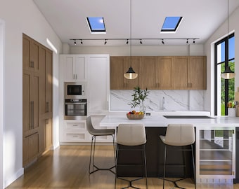 May include: A modern kitchen with white and wood cabinets, a white countertop, and a black island with bar stools. There are two skylights in the ceiling and a large window with a view of the backyard.