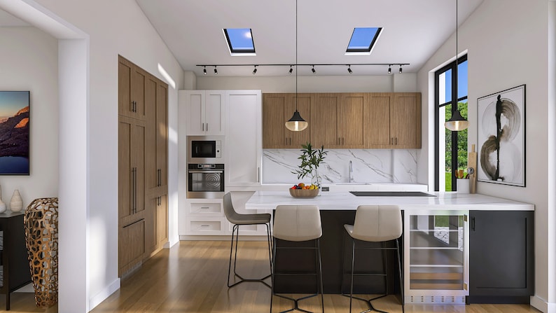 Può includere: Una cucina moderna con armadietti bianchi e in legno, un piano di lavoro bianco e un'isola nera con sgabelli da bar. Ci sono due lucernari nel soffitto e una grande finestra con vista sul giardino.