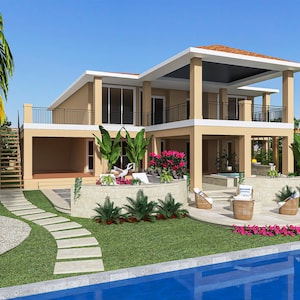 May include: A two-story beige house with a swimming pool and a patio. The house has a covered porch and a balcony. There are palm trees and other plants in the yard.