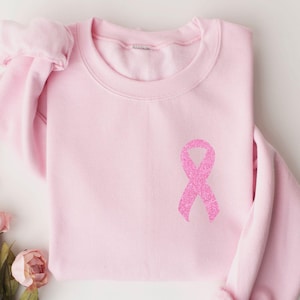 Pink Faux Glitter Ribbon Sweatshirt, Breast Cancer Sweatshirt, Cancer Survivor Sweater, Breast Cancer Awareness Hoodie, Women Gift Bild 1