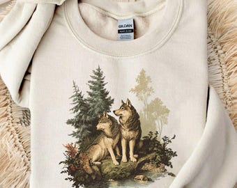 Retro Wolf 90s Sweatshirt , Nature Vintage Wildlife Forest Crewneck, Boho Unisex Cabincore Crewneck Cozy Season Rustic Wolves Hoodie