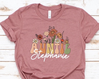 Camiseta personalizada con flores silvestres para tía, regalo personalizado para tía, anuncio de embarazo, revelación para tía, regalo de Navidad, camiseta, camiseta