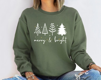 Merry & Bright Christmas Trees Sweatshirt, Christmas Sweatshirt, Holiday Sweater, Womens Holiday Sweatshirt, Christmas Shirt, Winter Shirt