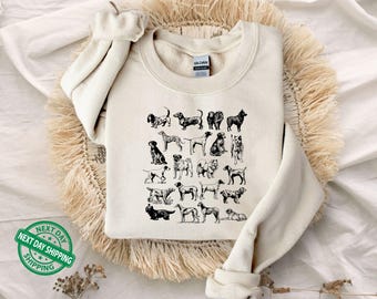 Vintage Dog Breeds Graphic Sweatshirt, Cute Dog Mom Sweater, Retro Dog Crewneck Hoodie, Gift for Dog Lover Person, Womens Oversized Clothing