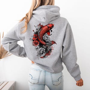 Cozy Vintage Japanese Koi Fish Hoodie Nautical Animal Asian Art Nouveau Japan Sweater Pond Top Urban Unisex Spring Sweater Tokyo Style image 2