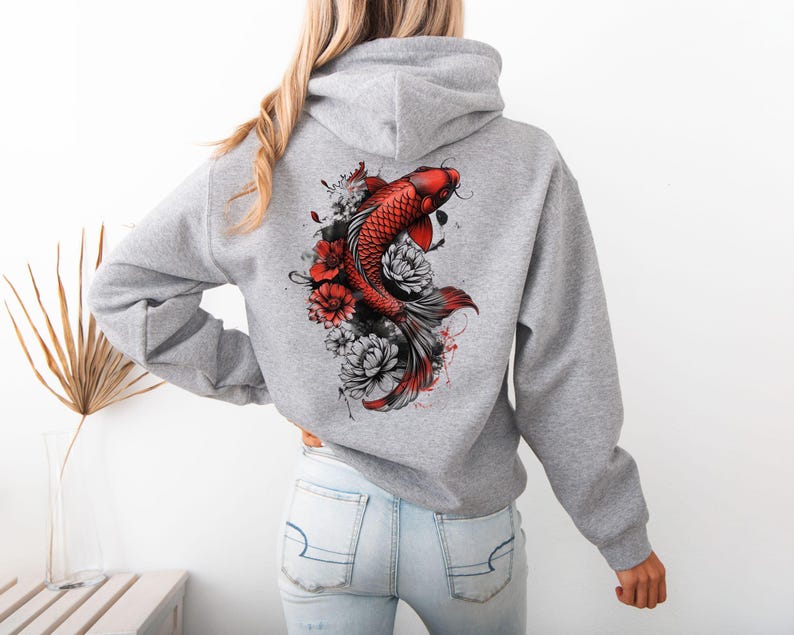 Cozy Vintage Japanese Koi Fish Hoodie Nautical Animal Asian Art Nouveau Japan Sweater Pond Top Urban Unisex Spring Sweater Tokyo Style image 2