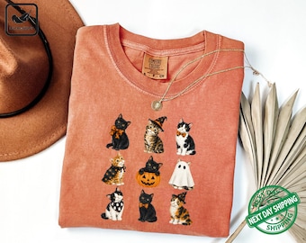 Halloween Cats T-Shirt, Spooky Cat Tee, Cute Halloween Kitty Shirt