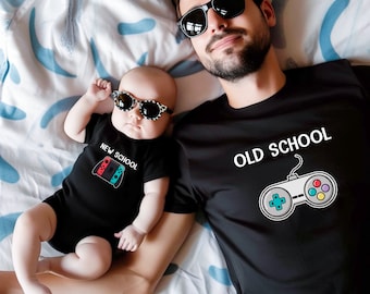 Matching Father and Son, Personalized Video Game Shirt,Old School New School Gaming TShirts, New Dad Gift, Dad and Baby Outfit