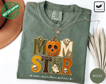 Personalized Comfort Colors® Momster With Kids Name T-Shirt , Funny Halloween Spooky Mom Tee