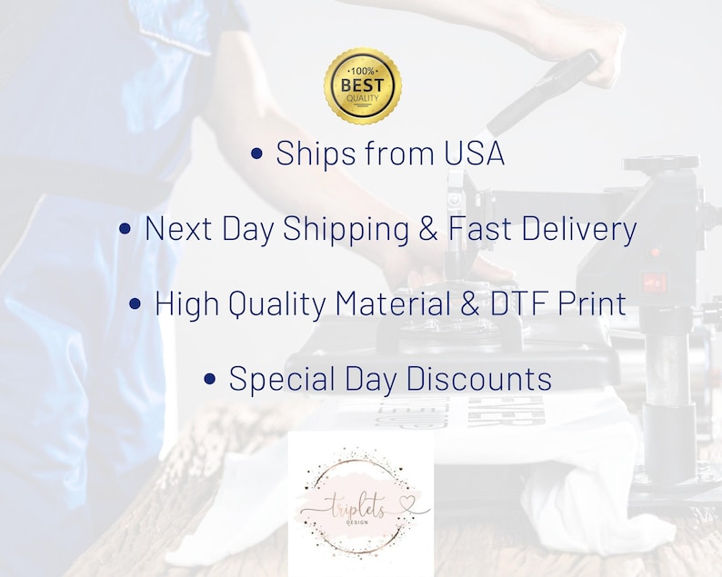 a person operating a machine that is likely used for printing or printing materials. The text highlights the company's shipping and delivery services, including ships from the USA, next-day shipping, fast delivery, high-quality material, and special day discounts.