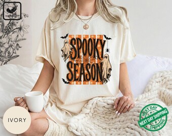 Comfort Colors® Spooky Season Shirt, Cute Ghost Reading Book Tee, Black Cat Halloween Shirt, Pumpkin Fall T-Shirt, Vintage Graphic Tee