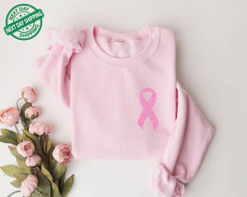 Pink Faux Glitter Ribbon Sweatshirt, Breast Cancer Sweatshirt, Cancer Survivor Sweater, Breast Cancer Awareness Hoodie, Women Gift Bild 1