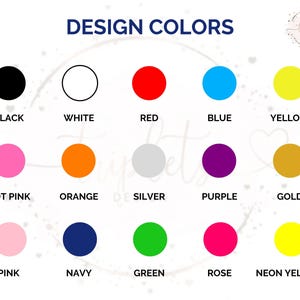 a collection of twelve different color circles, each representing a different color: black, white, red, blue, yellow, hot pink, orange, silver, purple, gold, pink, navy, green, rose, and neon yellow.