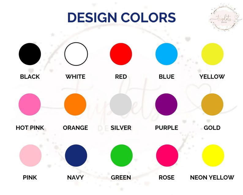 a collection of twelve different color circles, each representing a different color: black, white, red, blue, yellow, hot pink, orange, silver, purple, gold, pink, navy, green, rose, and neon yellow.