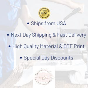 a person operating a machine that is likely used for printing or printing materials. The text highlights the company's shipping and delivery services, including ships from the USA, next-day shipping, fast delivery, high-quality material, and DTF print. The company also offers special day discounts.