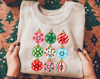 Colorful Christmas Ornaments Sweatshirt, Happy Face Ornament Hoodie