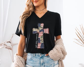 Comfort Colors® Faux Patchwork Cross T-Shirt, God Bless America Tee, Patriotic 4th of July Christian Flag Shirt