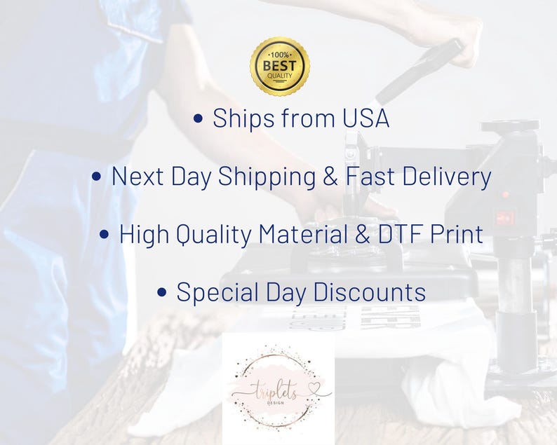 a person operating a machine that is likely used for printing or printing materials. The text highlights the company's shipping and delivery services, including ships from the USA, next-day shipping, fast delivery, high-quality material, and DTF print. The company also offers special day discounts.